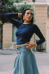 Navy and Butter Yellow Contrast Long Sleeve Top