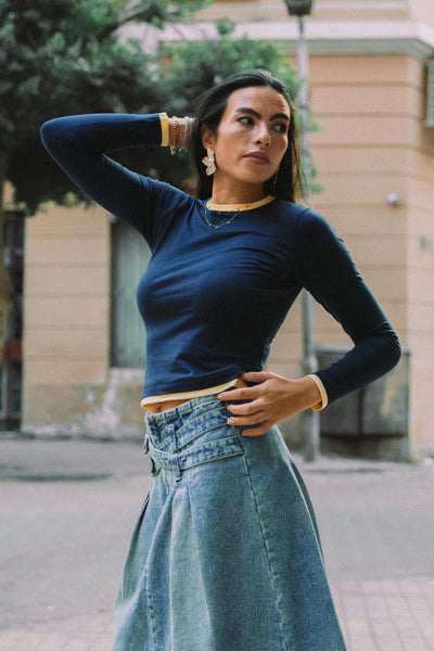 Navy and Butter Yellow Contrast Long Sleeve Top