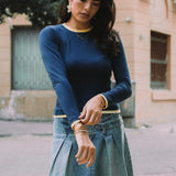 Navy and Butter Yellow Contrast Long Sleeve Top