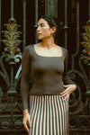 Brown Square neck long sleeve top