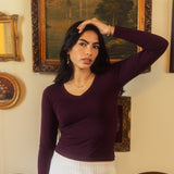 Burgundy V-neck long sleeve top