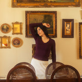 Burgundy V-neck long sleeve top